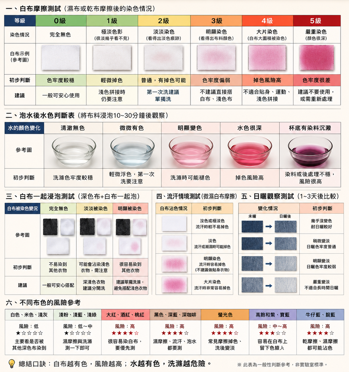布料色牢度快速判斷表，包含白布摩擦、泡水、白布一起泡、流汗與日曬觀察測試